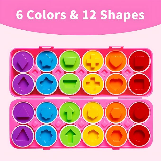 MOONTOY Montessori Matching Egg, 12PCS Color & Shape Recognition Toy for Toddler 1-3, Educational Learning Eggs Toy with Pink Storage Case, Easter Eggs Basket Stuffers Gift for 1 2 3 Year Old Girl Kid