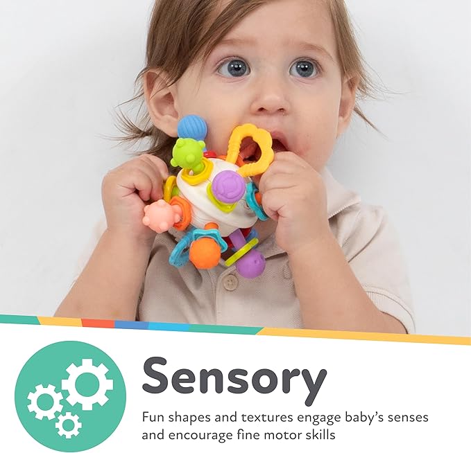 Nuby Twist Ball Teether Activity Toy with Rattle and Fun Bright Colors - Montessori Sensory Toy Develops Fine Motor Skills - 3 + Months - Easter Basket Stuffer