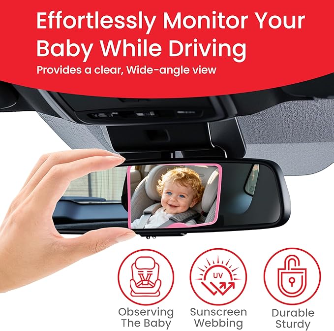 Baby Car Mirror, Safety Car Seat Mirror for Rear Facing Infant, Clear Wide View, Easily Observe the Baby Move, Secure, Shatterproof, Easy Install, Perfect (Pink)