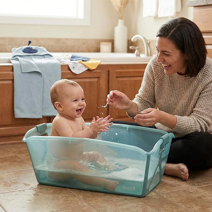 Evolur Supple Baby Spa Set with Infant Bathtub, Hammock Support Seat & Metal Frame, Newborn Tub for 0–12 Months, Complete Baby Care Essentials Gift Set for New Parents, Green