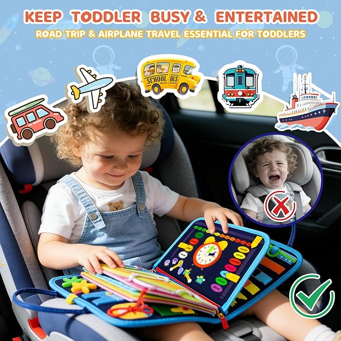 Toddler Busy Board Montessori Toys for Toddler 1-3 Year Old, Boy Birthday Gifts, Preschool Educational Montessori Busy Book Board, Felt Sensory Activity Board Sorting Toy Age 2-4 with Fine Motor Skill