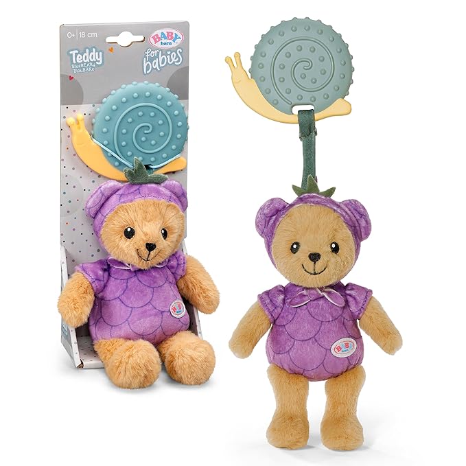 Baby Born for Babies Teddy Blueberry 18cm with Teether, Rattle and Crunchy Paper, Washable