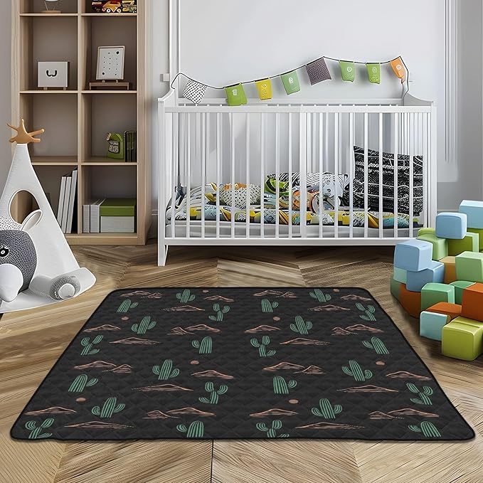 Baby Play Mat Cactus Plant and Mountain Black 50 x 50 Playpen Mat Baby Play Mats for Floor Play Gym Crawling Mat Non-Slip Cushioned Baby Playmat for Infants, Babies, Toddlers