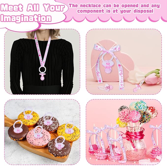 XINHUIDALSQ 36 Baby Shower Pacifiers Necklace, Acrylic Pacifier Necklace for Baby Shower Girls Boys Party Favors Charm/Gender Reveal Party Table Scatter/Game Props(Pink)