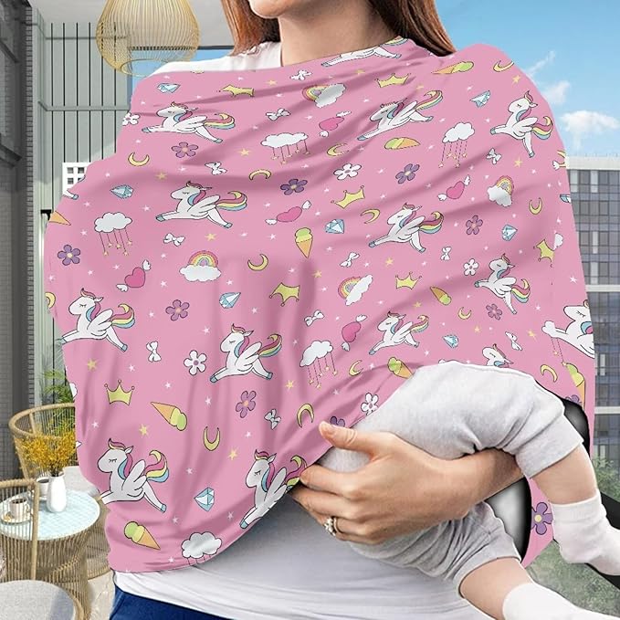 Biyejit Rainbow Horse 5-in-1 Car Seat Cover for Baby Boy Girl Gift, Blue Wild Animal Hunter Reed Privacy Breastfeeding Nursing Cover, Newborn Infant Multi-use Carseat Canopy Carrier