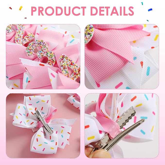 2Pcs Birthday Hair Bow for Baby Girls 2 3 4 5 6 7 Years Sprinkle Decorations Confetti Ice Cream Party Pink Pigtail Hair Accessories for Two 2nd Second Birthday