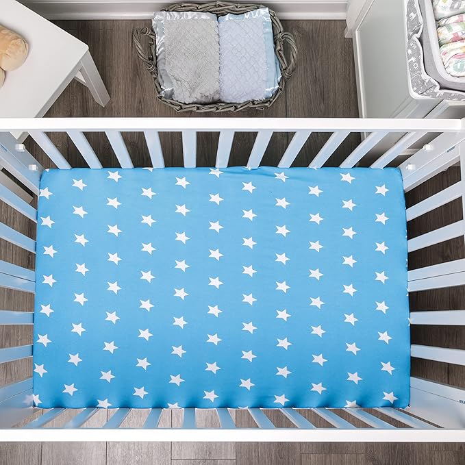 EVERYDAY KIDS 2 Pack n Play Mattress Sheets – 100% Jersey Knit Cotton Soft Portable Crib for Boys with Blue Gray Celestial Star and Cloud Designs; Pk Playpen or Mini Fitted Sheet Set Stars/Clouds