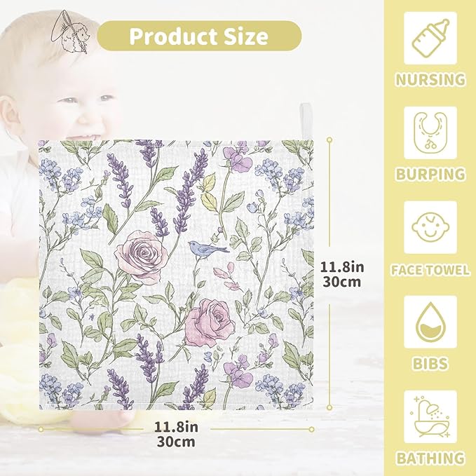 Bolaz Washcloths Set Bathroom Kitchen Wash Cloths Face Towels Wipes Lavender Rose Decorative 12x12 Inch 5 Pack