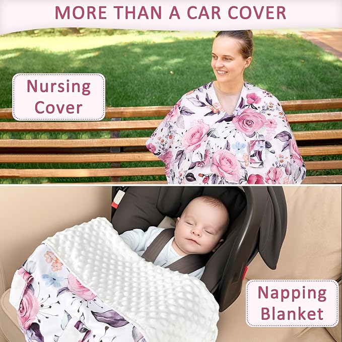 Baby Car Seat Cover, Breathable Infant Carseat Cover for Summer Peekaboo Opening Car Seat Canopy Cover, Nursing Cover for Baby Boys Girls (Pink Floral)