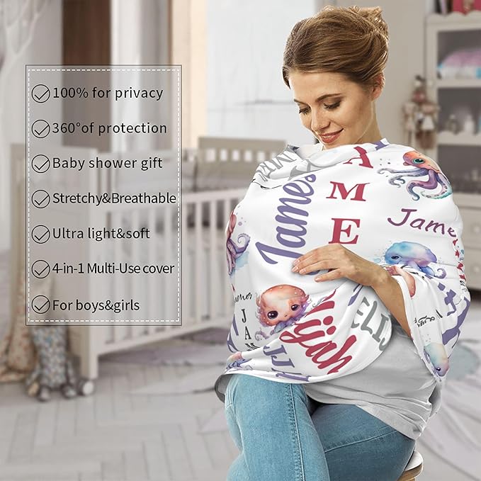 Personalized Baby Car Seat Cover with Name Stroller Canopy Custom Octopus Carseat Cover Newborn Baby Boy Girl Nursing Cover for Moms First Birthday Gift