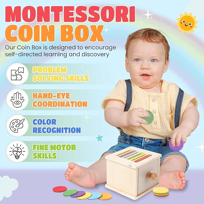 YAANI Montessori Coin Box Toy for Toddlers – Wooden Shape Sorting & Color Matching Learning Toy – Fine Motor Skills, Object Permanence, Early Educational Gift for 1-3 Year Old Boys & Girls