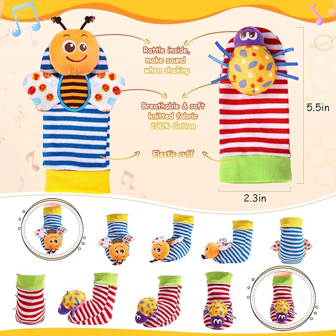 PADONISE Baby Wrist Rattle Socks and Foot Finder Set Baby Rattles Toys for 0-12 Month, Infant Girl Boy Toys for Babies 3-6 Months, Newborn Hand & Foot Toys for 0 to 9 Months, Baby Easter Gifts