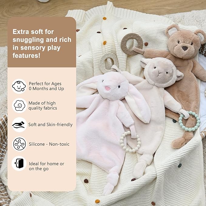 Loveys for Babies, Lovey Including Teether, Soft Stuffed Animals Security Blanket, Baby Snuggle Toy, for Newborn Boys and Girls(Bear)