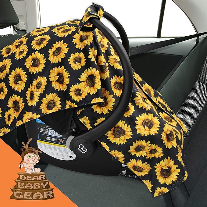 Dear Baby Gear Car Seat Cover for Boys & Girls - Baby Carseat Canopy w/Snap Opening - Infant Seat Cover - Stroller & Nursing Covers - Newborn Carrier Canopy- 40x30(Sunflowers on Black, Black Smooth)