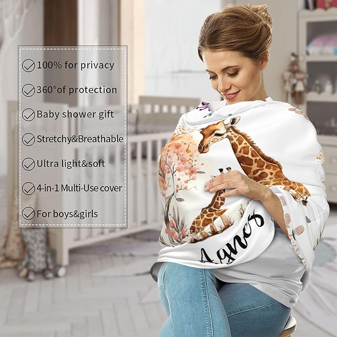 Personalized Giraffe Baby Car Seat Cover with Name,Multi-Use Canopy for Nursing, Strollers,Shopping Carts,Customized Breastfeeding Cover, Full Privacy,Infant Stroller Cover