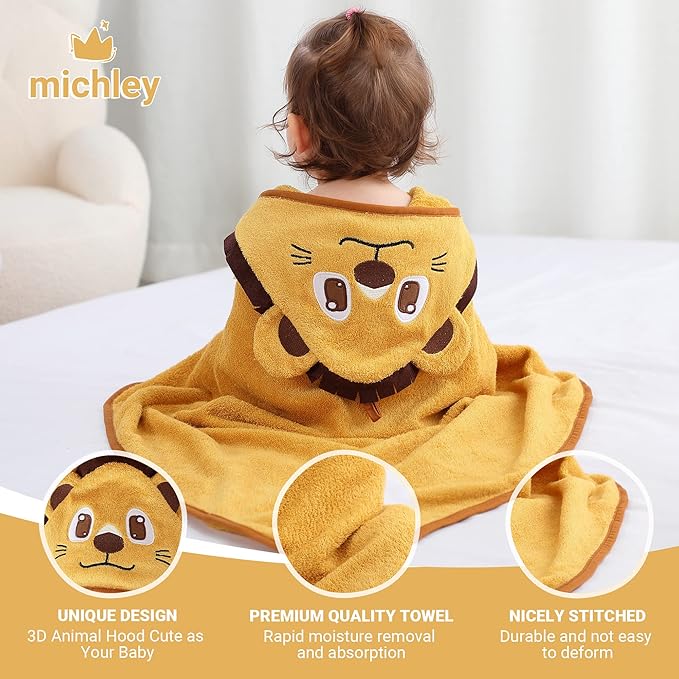MICHLEY Bamboo Viscose Baby Hooded Bath Towel for Boys and Girls, 29.5 x 29.5 Inch Ultra-Soft and Quick-Drying Infant Bathrobe (Lion)