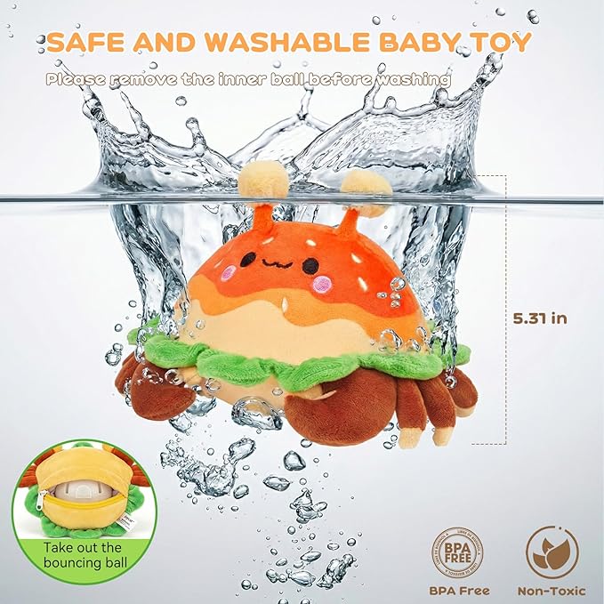 JoyCat Baby Toys 0-18 Months, Musical Crawling Crab Plush Toy - 38 Songs & Recording Feature, Bouncing Tummy Time Toy, Sensory Toys with Crinkle & Textures for Newborn Boys Girl Shower Gifts