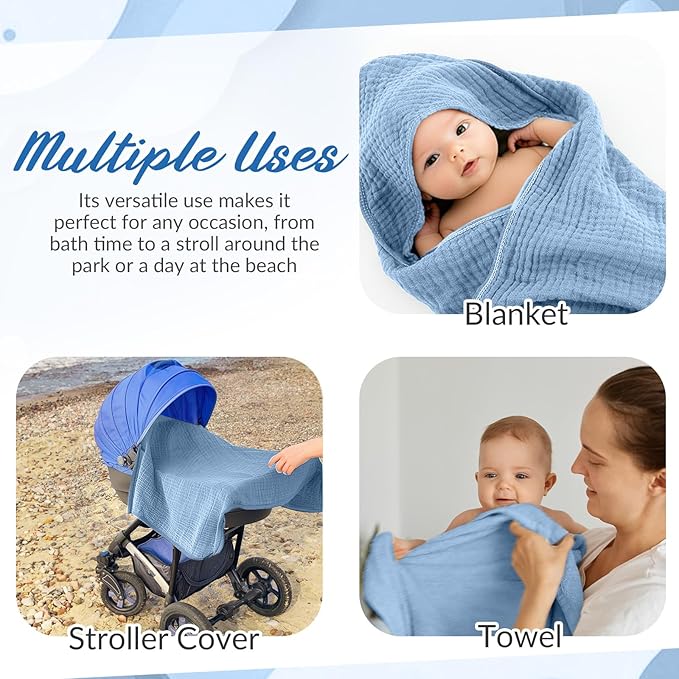 Hahafelt 6 Pcs Muslin Hooded Bath Towels Washcloths and Bibs Set, Muslin Cotton Baby Towels Absorbent Hooded Blanket Towel Infant Bibs for Boys Girls Newborn Infant Essential(Blue, Navy Blue)