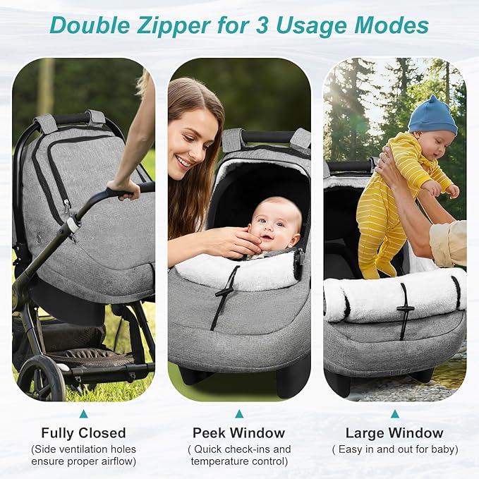 Winter Car Seat Cover for Baby, Waterproof Infant Carseat Cover with Warm Plush Lining & Dual Zippers, Universal Carseat Cover Baby Winter Protector with Ventilation and Windproof Design (Gray)