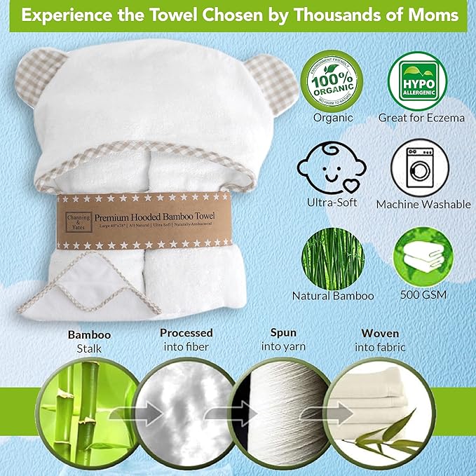 Channing & Yates Premium Organic Baby Towel Set - Soft Viscose Bamboo Hooded Towel & Washcloth - Girl & Boy Bath Essentials (Beige/White)
