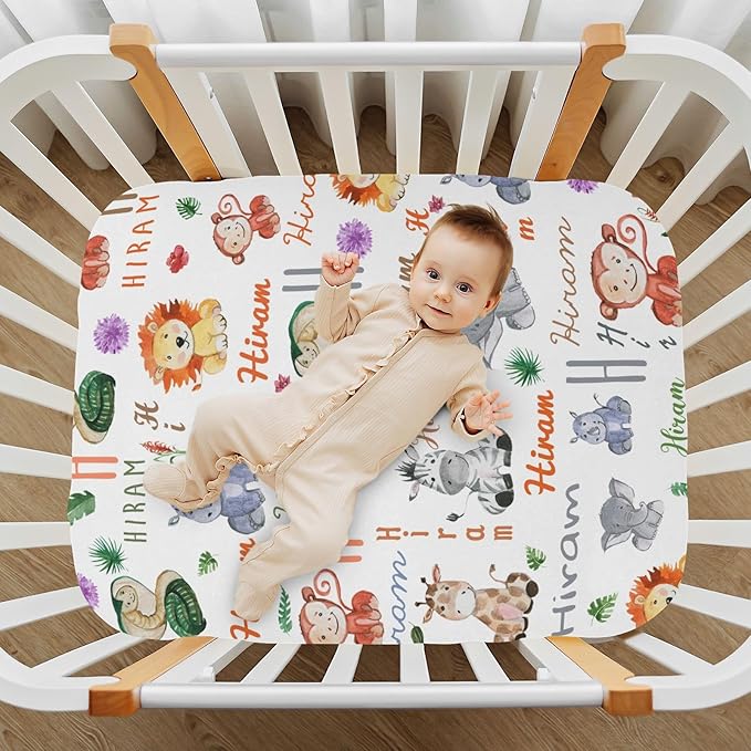 Personalized Mini Crib Mattress Fitted Sheets with Name, Customized Monogram Pack N Play Sheets for Baby Boys, Pack and Play Sheets Fitted, Stretchy Play Yard Sheets Playpen Sheet, Cute Animal