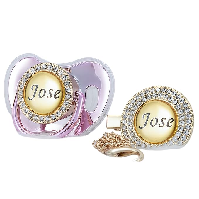 Custom Name Bling Pacifier & Clip Set – Personalized Binky for Baby Shower, Newborn Keepsake for Photos (Gold Pink)
