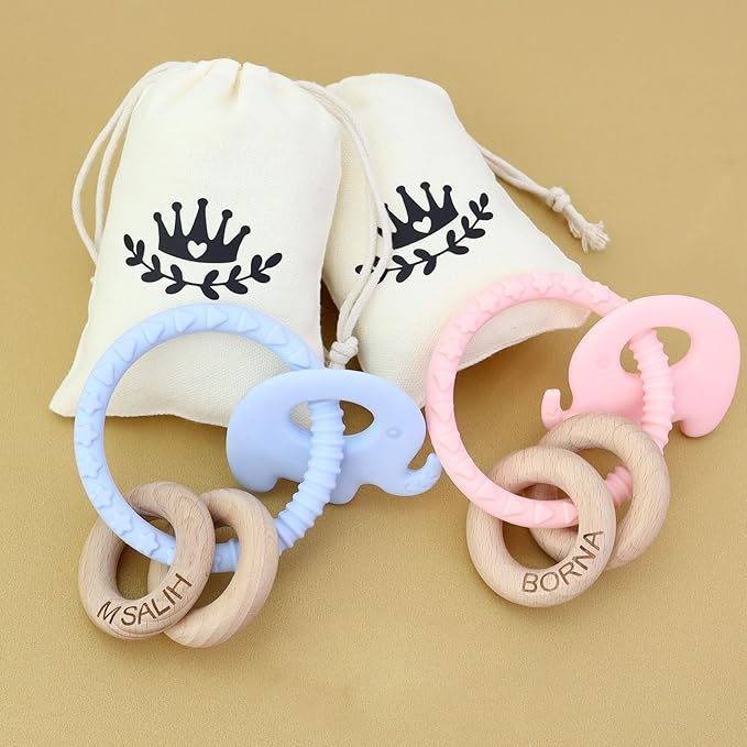 Personalized Teether Rattle with Name - Custom Teething Toys Wooden Ring Gift