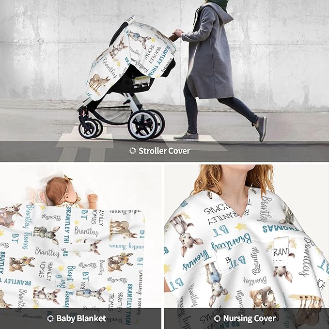 Custom Baby Car Seat Canopy Personalized Car Seat Covers with Name for Baby Boys Girls Customized Donkey Nursing Breastfeeding Cover Infant Carseat Canopies Newborn Minky Baby Blanket