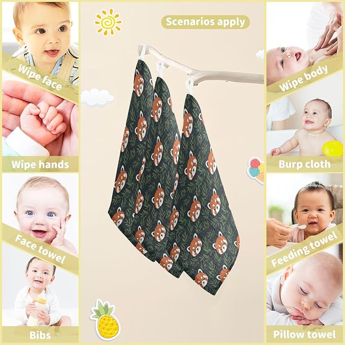 Red Panda Baby Washcloths Newborn Muslin Burp Cloths 3 Pack Soft Cotton Baby Face Bath Towel Drool Bibs for Infants, Girls and Boys 11.8 x 11.8 Inch