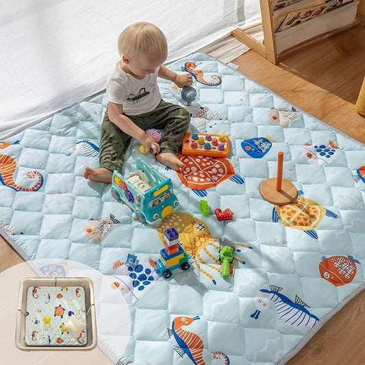Sinhaklóho 50" x50" Foldable Thicker Foam Baby Play Mat for Playpens & Floors - Soft, Non-Slip & Odor-Free Crawling Mat for Infants & Toddlers, Machine Washable, Ocean Wonders Design