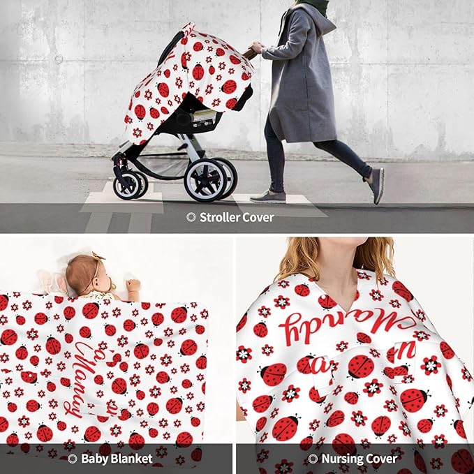 Custom Name Ladybug Baby Car Seat Canopy – Soft Minky Opening Nursing Cover, Personalized Infant Carseat & Stroller Cover for Newborn Boys Girls