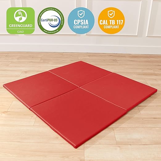 ECR4Kids SoftZone Play Patch Activity Mat Squares, Modular Playmat, Red, 4-Pack