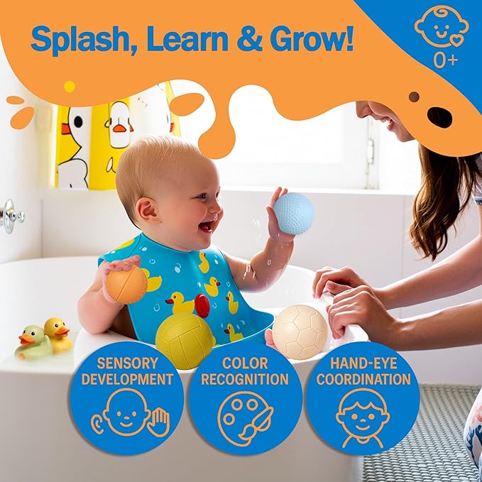 Baby Bath Toys 6-12 Months, 9 Pcs Wheat Straw Sensory Balls & Ducks, No Hole Floating Toddler Bath Toys, for Boys & Girls 1-3, Textured Squeeze Stress Relief Montessori Set