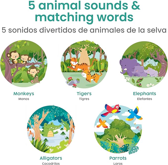 Binibi Bilingual Spanish Sound Board Book for Babies & Toddlers 1–3 – Jungle Animal Sound Buttons, Interactive Early Spanish Learning Board Book – Durable Gift