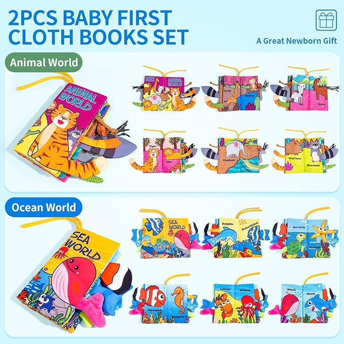 2-Pack Baby Books 0-6 Months, Crinkle Books for Babies, Touch and Feel Sensory Cloth Book 6-12 Months, Tummy Time Toys, Baby Toys for Newborn 6 Pages Pink - Easter Gifts