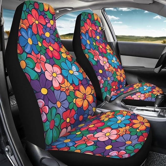 Cute Hippie Flower Car Seat Covers 2 Pcs Stretch Polyester Fabric Cover Waterproof Car Seat Cover Easy Installation Universal Size Fit for Most Cars SUVs Trucks Vans