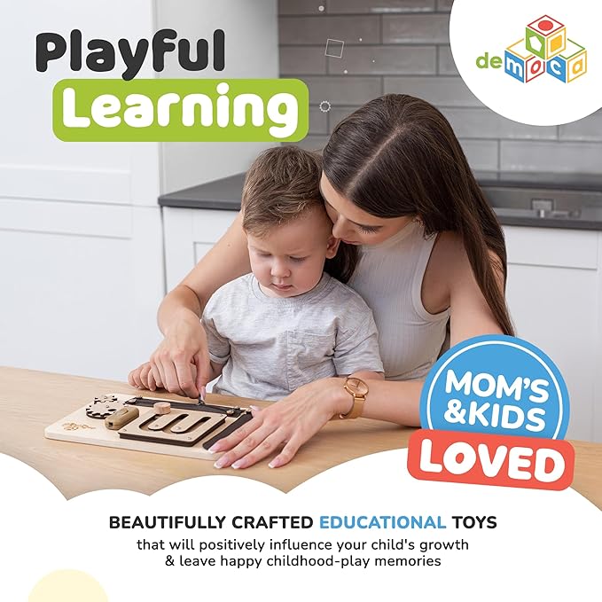 deMoca Sensory Busy Board for 1 Year Old, Travel Wooden Montessori Busy Board for Toddlers 1–3, Switch and Fidget Activity Board for Early Motor Skills and Travel Play