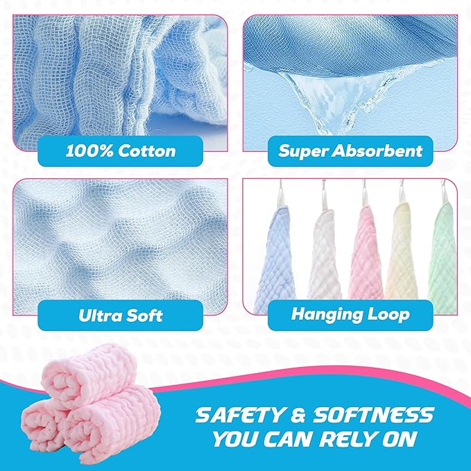 10 Pack Soft Muslin Unisex Baby Washcloths for Daily Use, 100% Cotton Set for Delicate Skin. Soft and Super Absorbent, Newborn Baby Essentials and Baby Registry,12x12 Inches (Green)