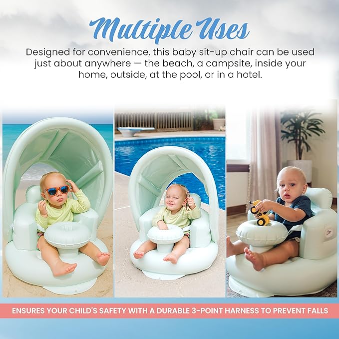 Inflatable Baby Seat for 3-36 Months w/Built-in Pump & Detachable Canopy, Sit Me Up Floor Seat for Baby w/Safety Straps, Inflatable Infant Chair, Indoor/Outdoor Blow Up Chair is Ideal Summer Gift