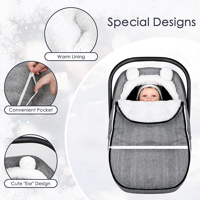 Winter Carseat Cover for Baby Girl Boy, Super Windproof Baby Car Seat Cover Protect Baby from Cold Weather, Plush Fleece Infant Car Seat Cover Canopy, Gray