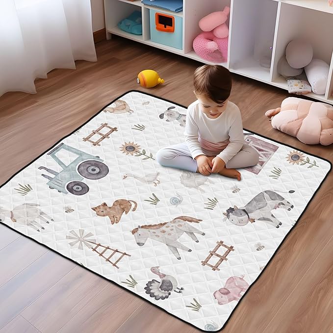 Baby Play Mat Watercolor Farm Animals Tractor 50 x 50 Playpen Mat Baby Play Mats for Floor Play Gym Crawling Mat Non-Slip Cushioned Baby Playmat for Infants, Babies, Toddlers