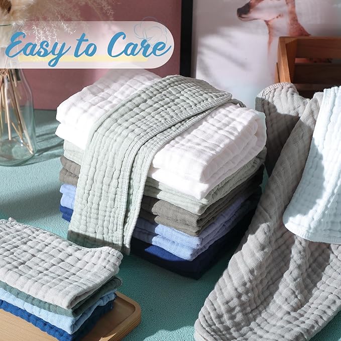 VitalCozy 12 Pcs Baby Muslin Hooded Bath Towels and Washcloths, Muslin Hooded Baby Towels Absorbent Blankets for Gift Newborn Infant Shower (Green Blue Gray)