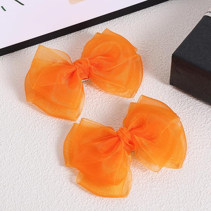 Happy Fall Orange Mesh Hair Bow Clips 4" Organza Double Tulle Bow Barrettes Alligator Hair Pins Her Thanksgiving Dress Outfit Decor Accessories Gift for Teens Toddler Girls Kids