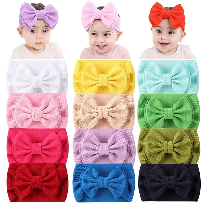 Cinaci 12 Pack Stretchy Elastic Wide Nylon Headbands with Solid Knot Big Hair Bow Headwraps Large Oversized Hair Bows Accessories for Baby Girls Infants Toddlers Kids
