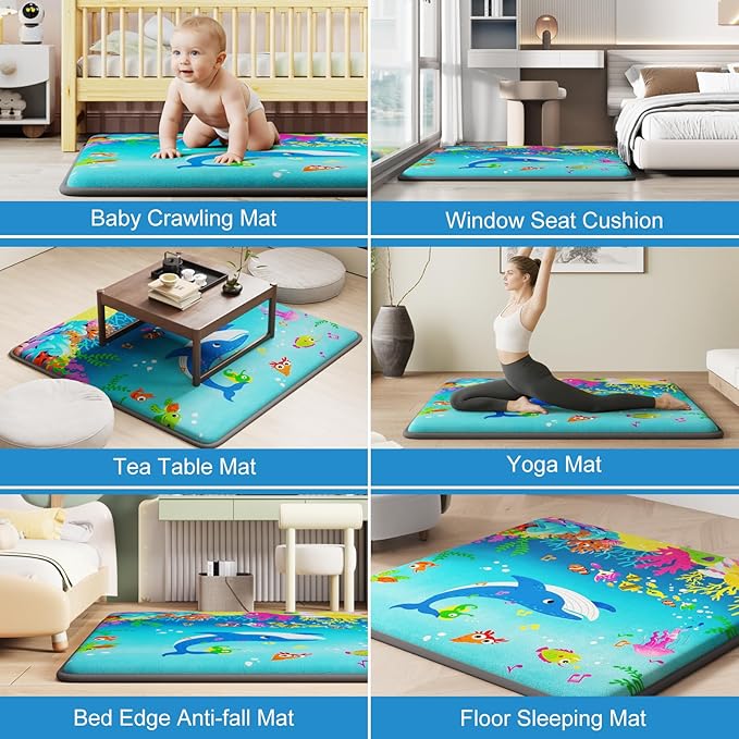 1.3" Thick Baby Play Mat for Floor, Elasti-Foam 50x50 Playpen Mat, Water Repellent Ultra Soft Coral Velvet Tummy Time Crawling Mats for Kid Toddlers Infants, Non-Slip Backing Safe for Crawling Ocean
