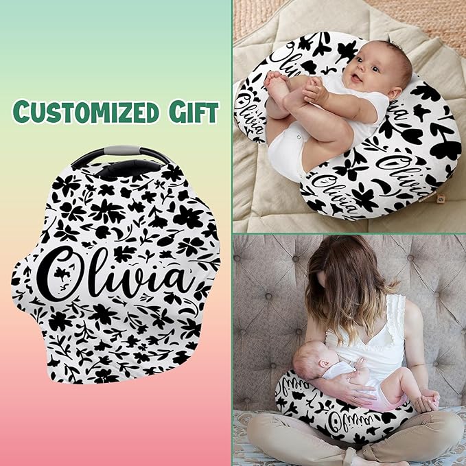 Custom Car Seat Covers for Babies - Breathable Baby Car Seat Cover for Girls Boys, Kick-Proof Newborn Carrier Canopy Stretchy Stroller Cover for 4 Seasons Black Flower Pattern