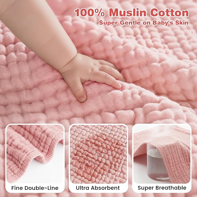 Hooded Baby Bath Towels for Newborn, 2 Pack - 6-Layer 100% Muslin Cotton, Soft Absorbent Baby Towels with Hood for Babies, Infants & Toddlers, Large 32x32 Inch Unisex Newborn Baby Bath Essentials