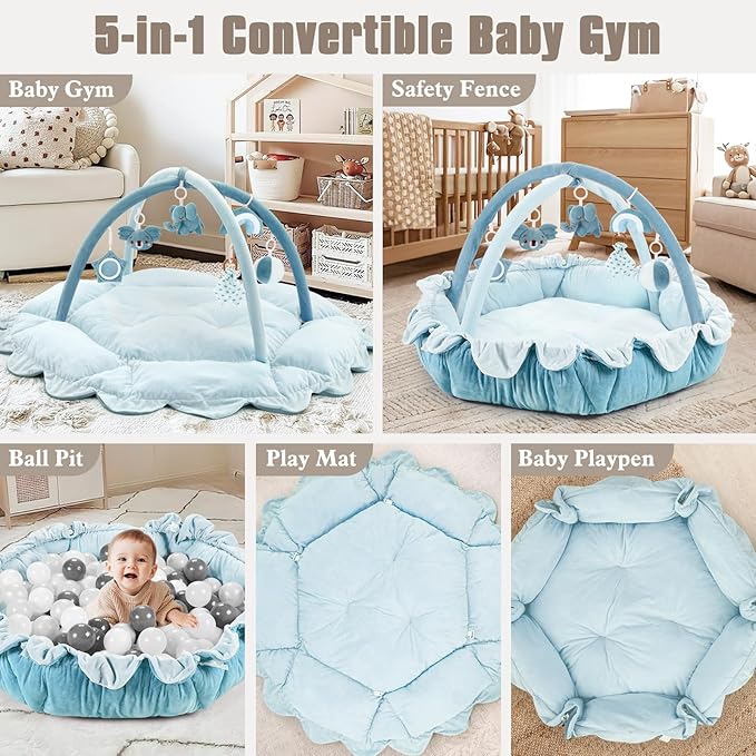 5-in-1 Plush Baby Play Gym, Activity Mat with Convertible Gym, Baby Gym 6 Sensory Toys, Play Center for Newborn to Toddler, Blue