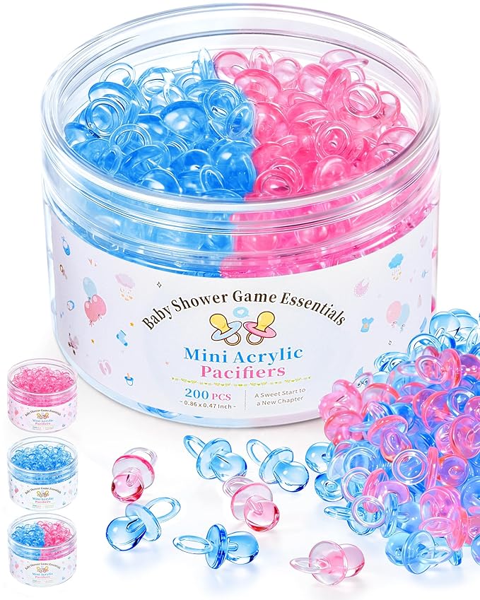 200 Pcs Mini Pacifiers Baby Shower Games, 0.86'' Acrylic Pacifiers in Clear Jar, Chupones para Baby Shower Pacifier for Party Favors, Table Scatter, Gender Reveal Decoration DIY Craft(Blue&Pink)