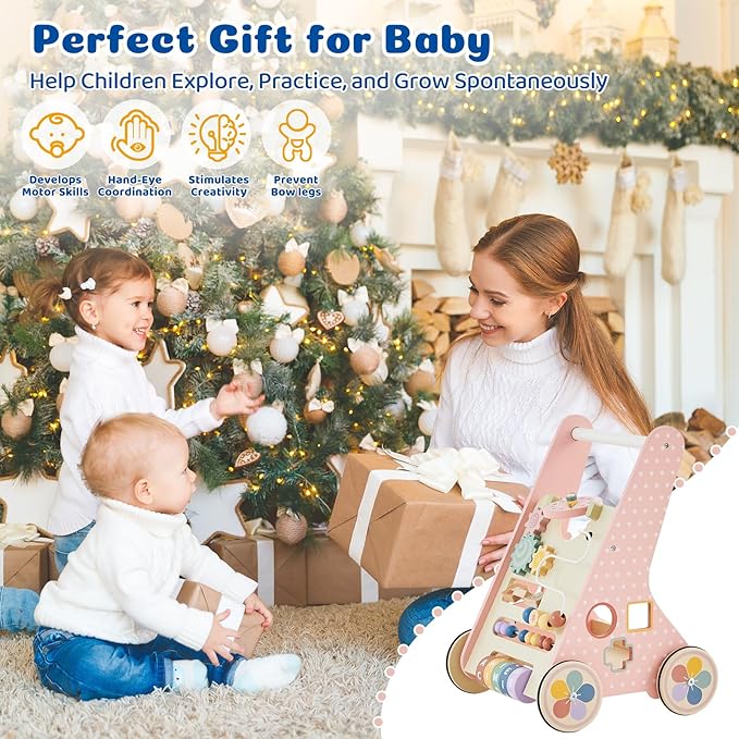 Pink Baby Push Walker for Girls 10+ Months, Wooden Baby Walker Push Toy with Storage, Learning to Walk, Montessori Walker Toy with Wheels, Toddler Activity Center for 12-18 Months
